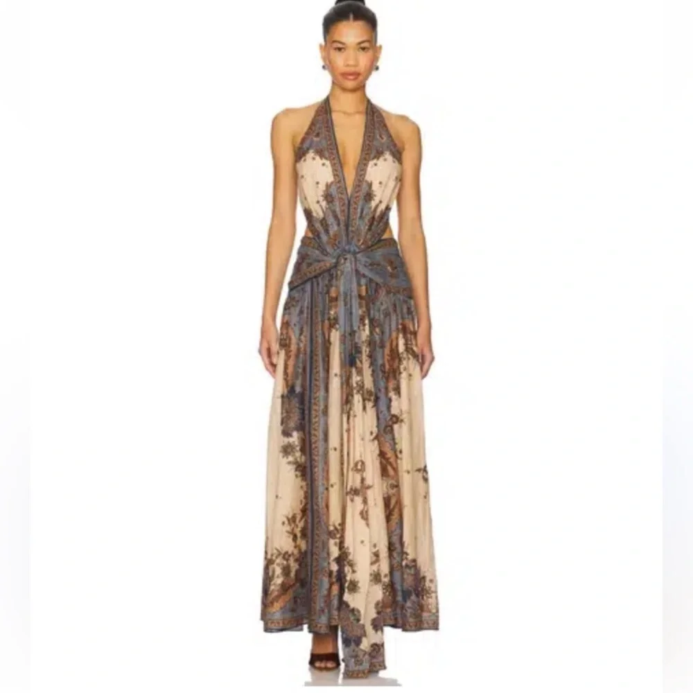 NWOT Zimmermann Beige and Blue Paisley Halter Tie-Waist Maxi Dress - Picture 2 of 12